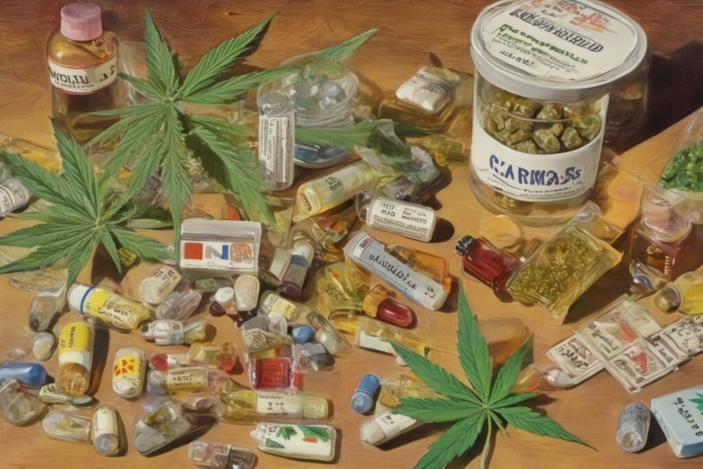 Medizin, Pillen, Cannabis, Rezept auf dem Tisch liegend, Arztpraxis, Pillendose mit aufgedrucktem Cannabisblatt, Richard Dadd Style , Josh Kirby Style