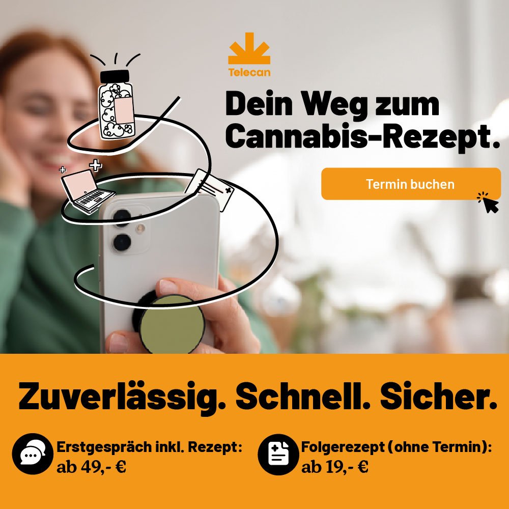 Mobile Telecan Werbebanner: Dein Weg zum Cannabis-Rezept 1000x1000 Pixel